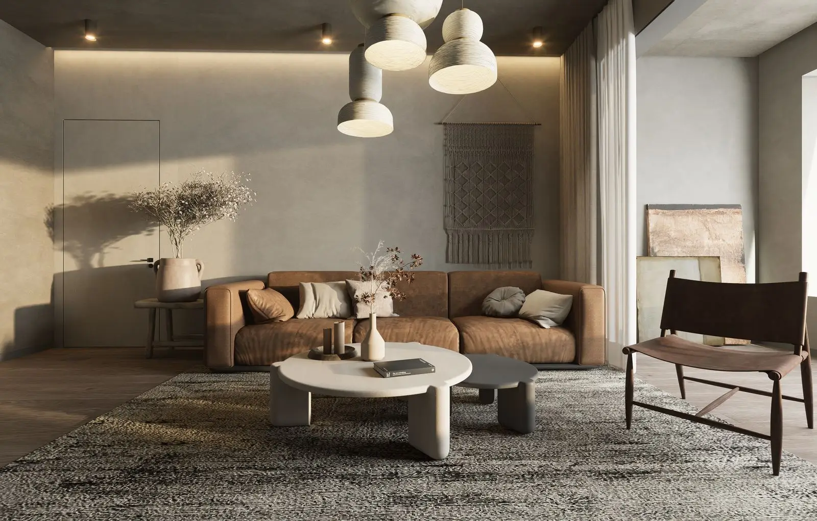 Warm living room with a brown sofa and pendant lamps.